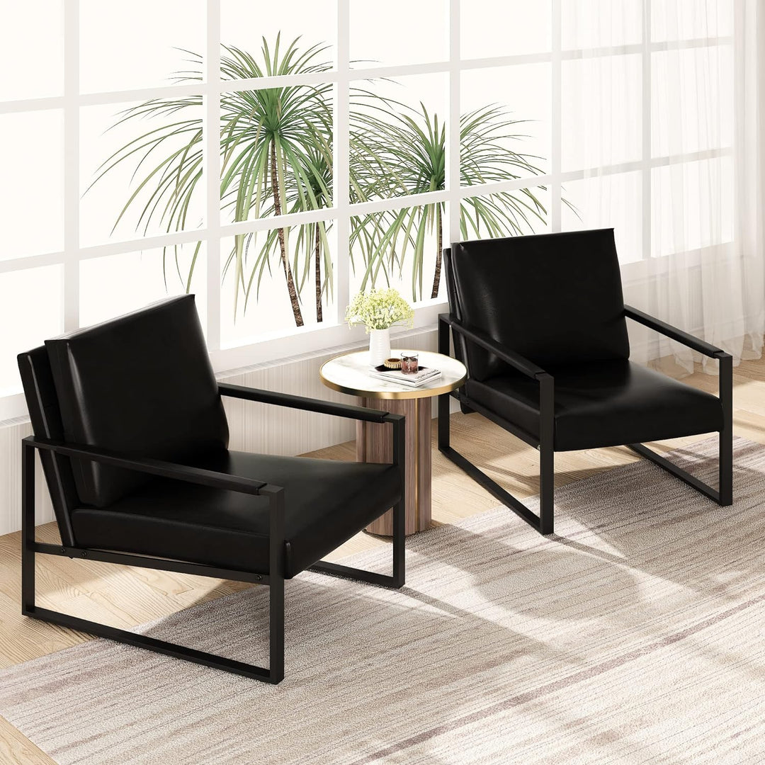 Leather Accent Chair Set of 2 Sofa Chair Black Frame