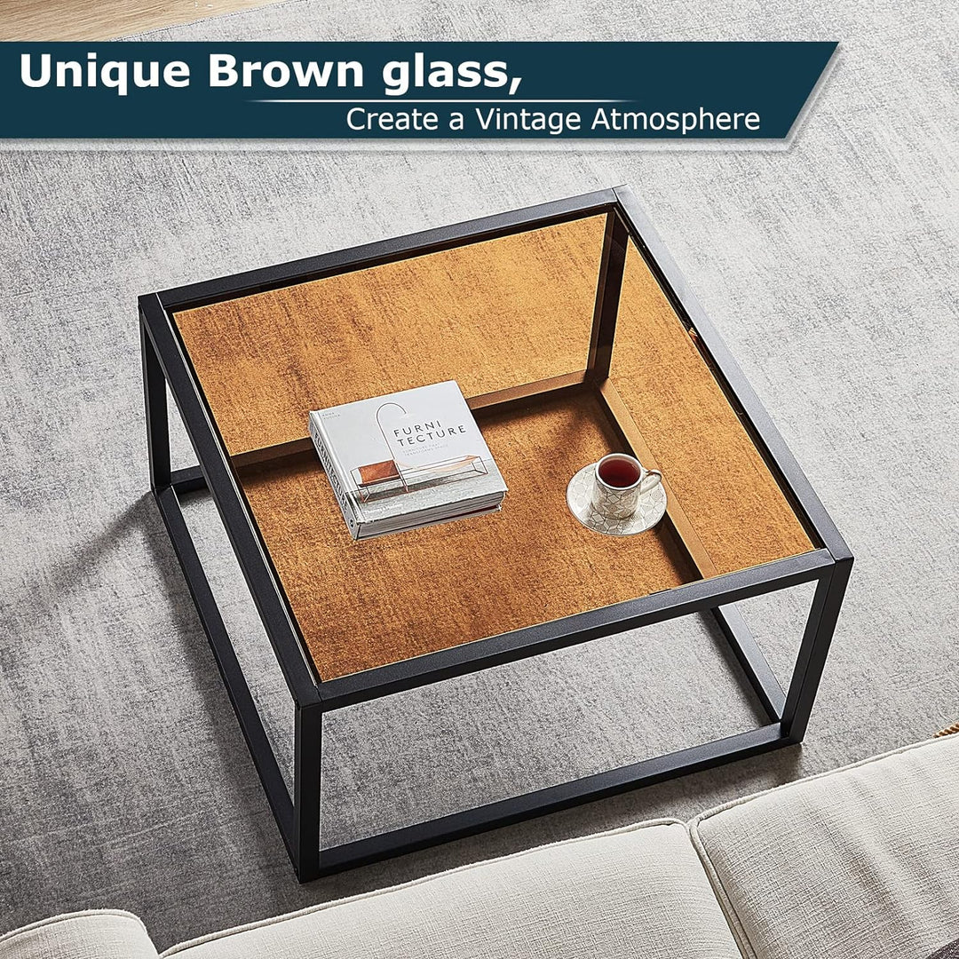 Glass Coffee Table, Modern Square Center Table, Tempered Glass Top, Brown