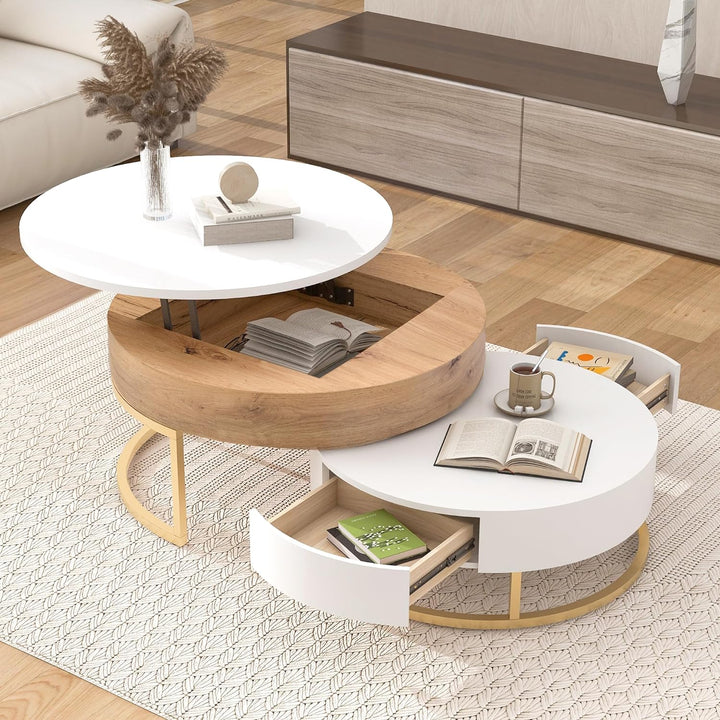 Modern Round Lift-top Nesting Coffee Tables, Oak Natural Wood Antique White