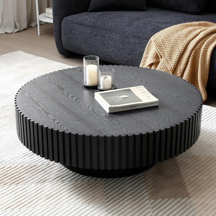 Handcrafted Modern Wood Nesting Coffee Table, Fluted Drum, 31.49" Black