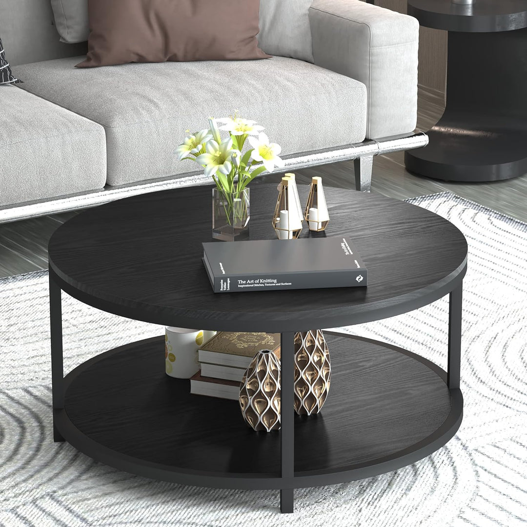 NSdirect Round Coffee Table, Rustic Wooden Surface Top & Legs, Black