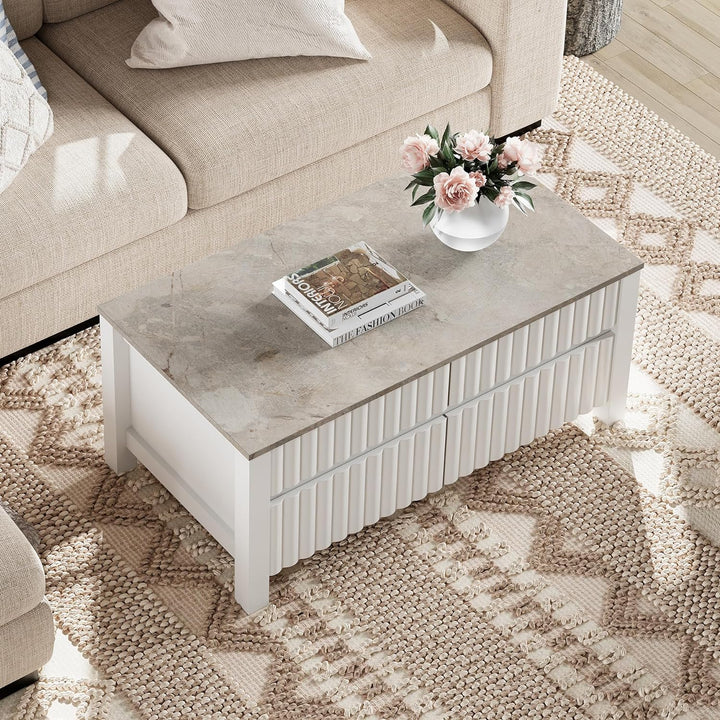 Modern Rectangular Coffee Table with Storage Drawers, White