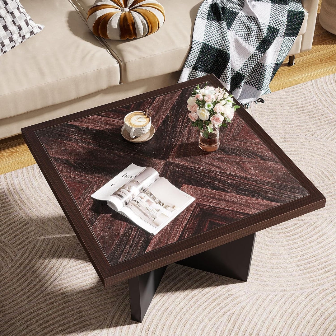 Rustic Farmhouse Coffee Table, Small Square Design in Black, Rustic Brown