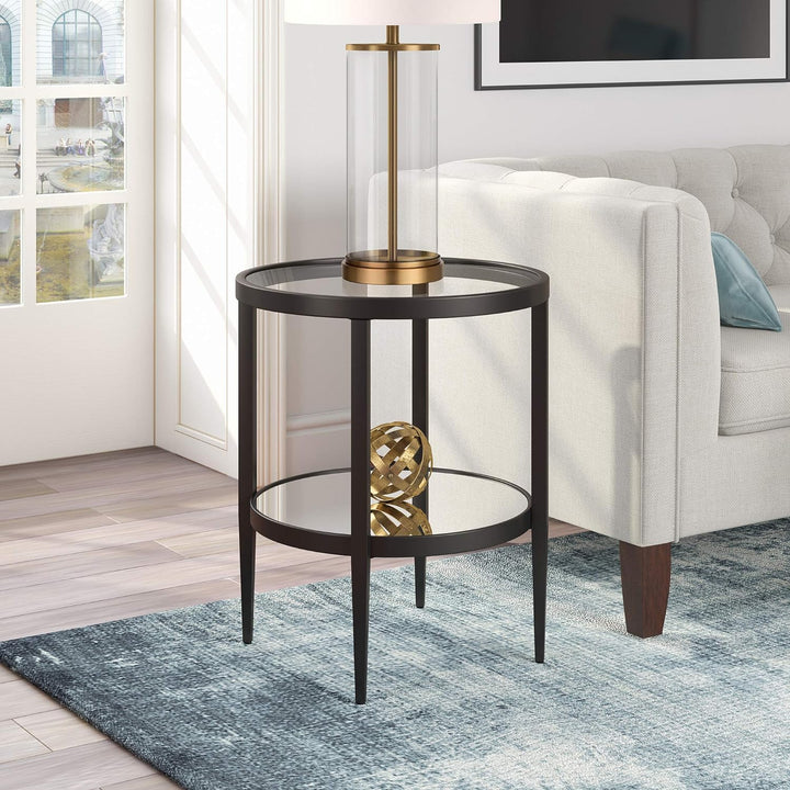 Elegant Round Side Table with Mirror Shelf, Blackened Bronze