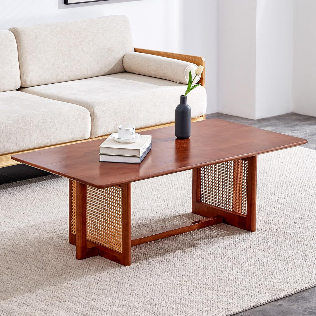 Mid Century Modern Wood Coffee Table with PE Rattan Stand