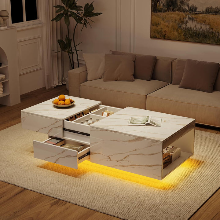 LED Coffee Table, Modern Center Table with Drawers, Ivory White