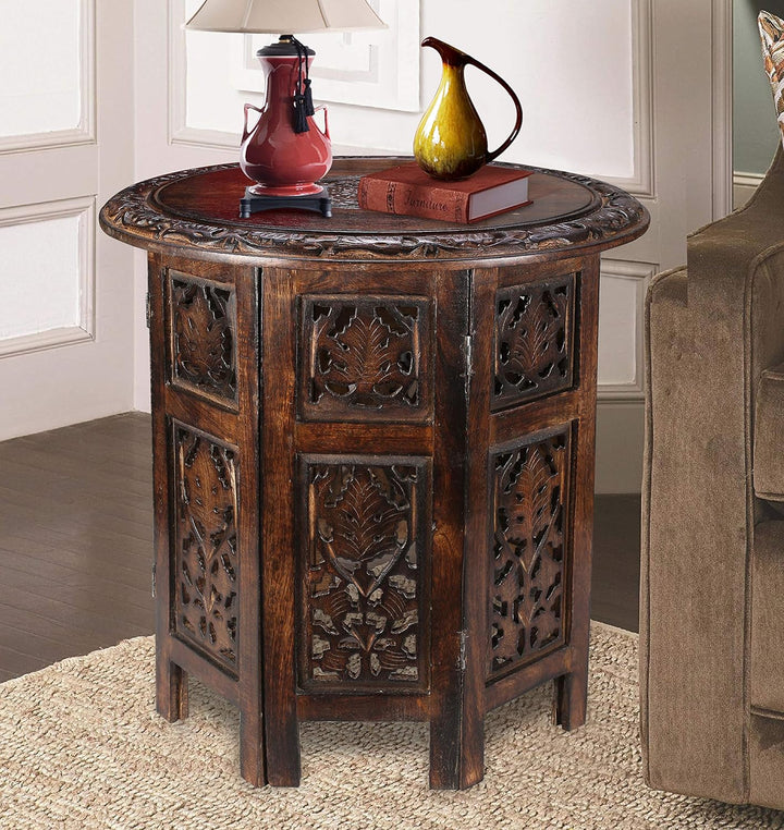 Round End Table, Side Table, Carved Wood Table 18" - Burnt