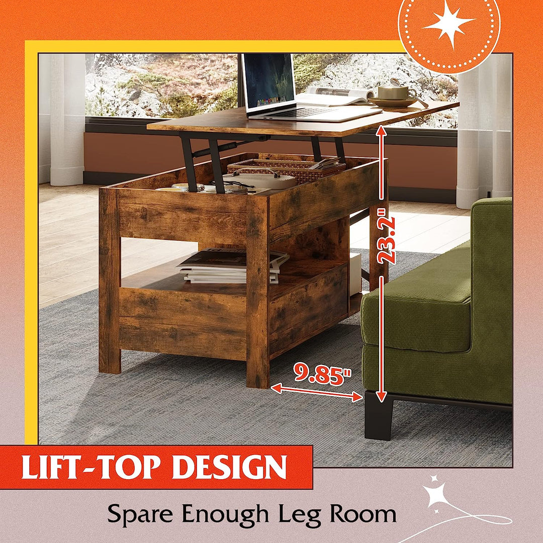 Lift Top Coffee Table with Hidden Storage, Metal Frame, Rustic Brown