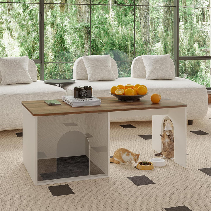 Farmhouse Coffee Table with Cat House, Wooden Modern Accent, White & Brown