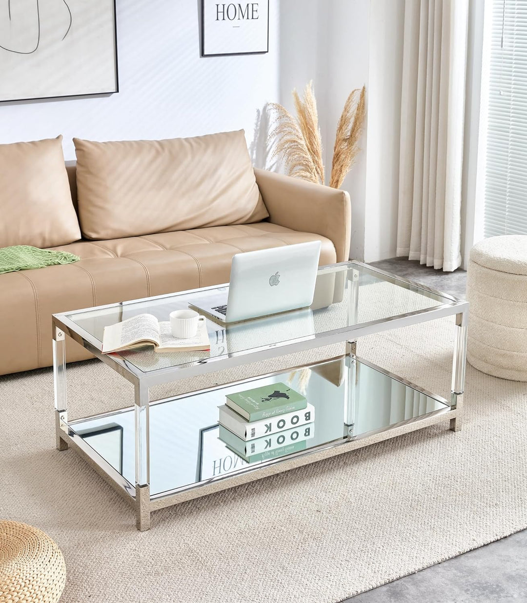 Silver Tempered Glass Coffee Table, Silver Metalclearrectangle