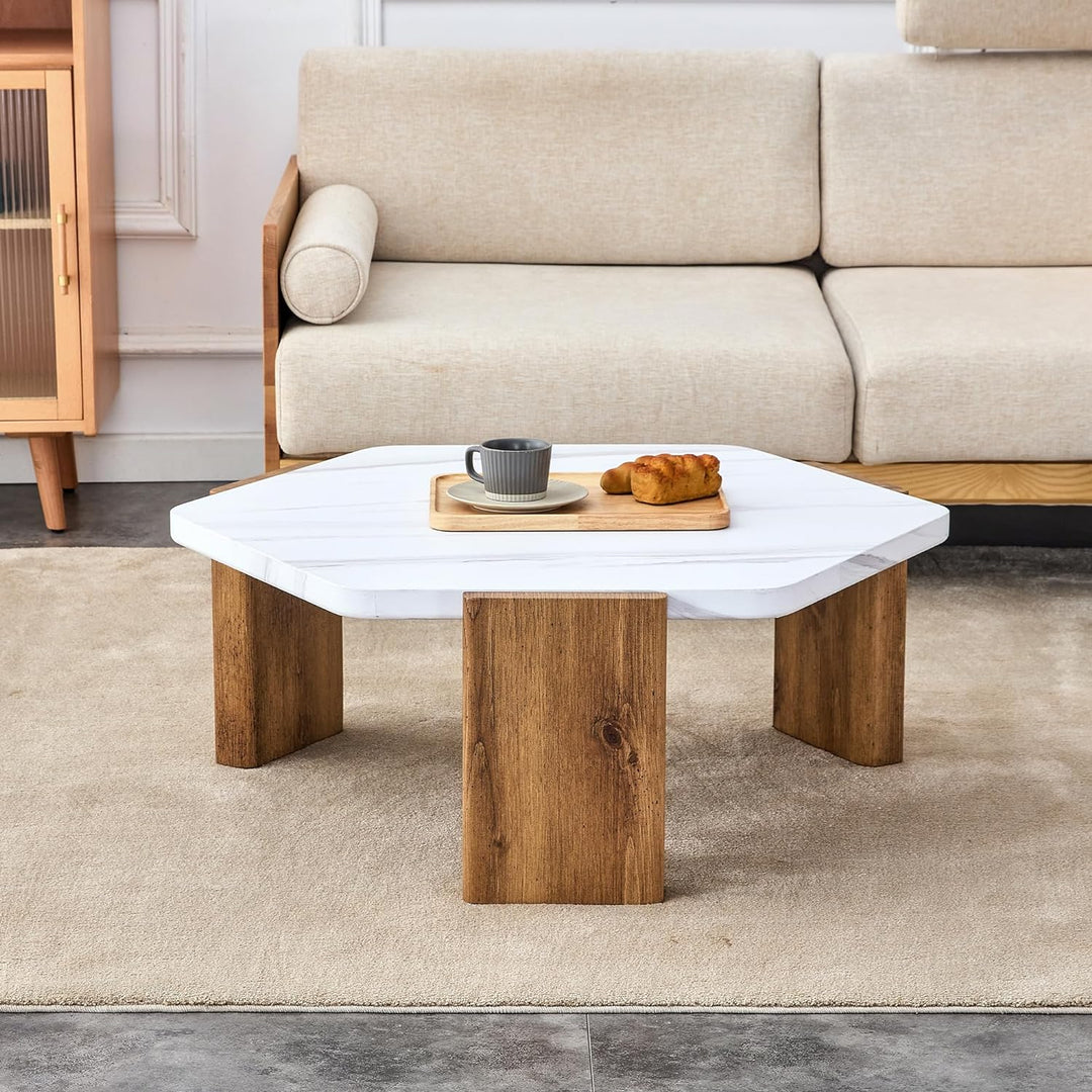 Stylish Hexagonal Coffee Table, White Marble Top, Wooden Legs