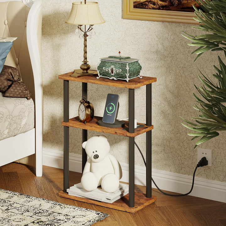 Small Side Table w/ Charging Station, 3 Tier Bedside