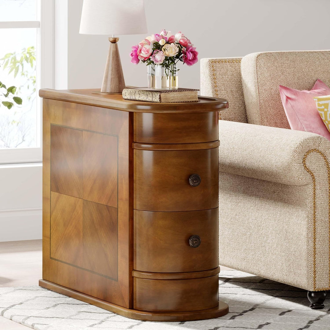 Wood End Table with 2 Drawers, Slim Nightstand