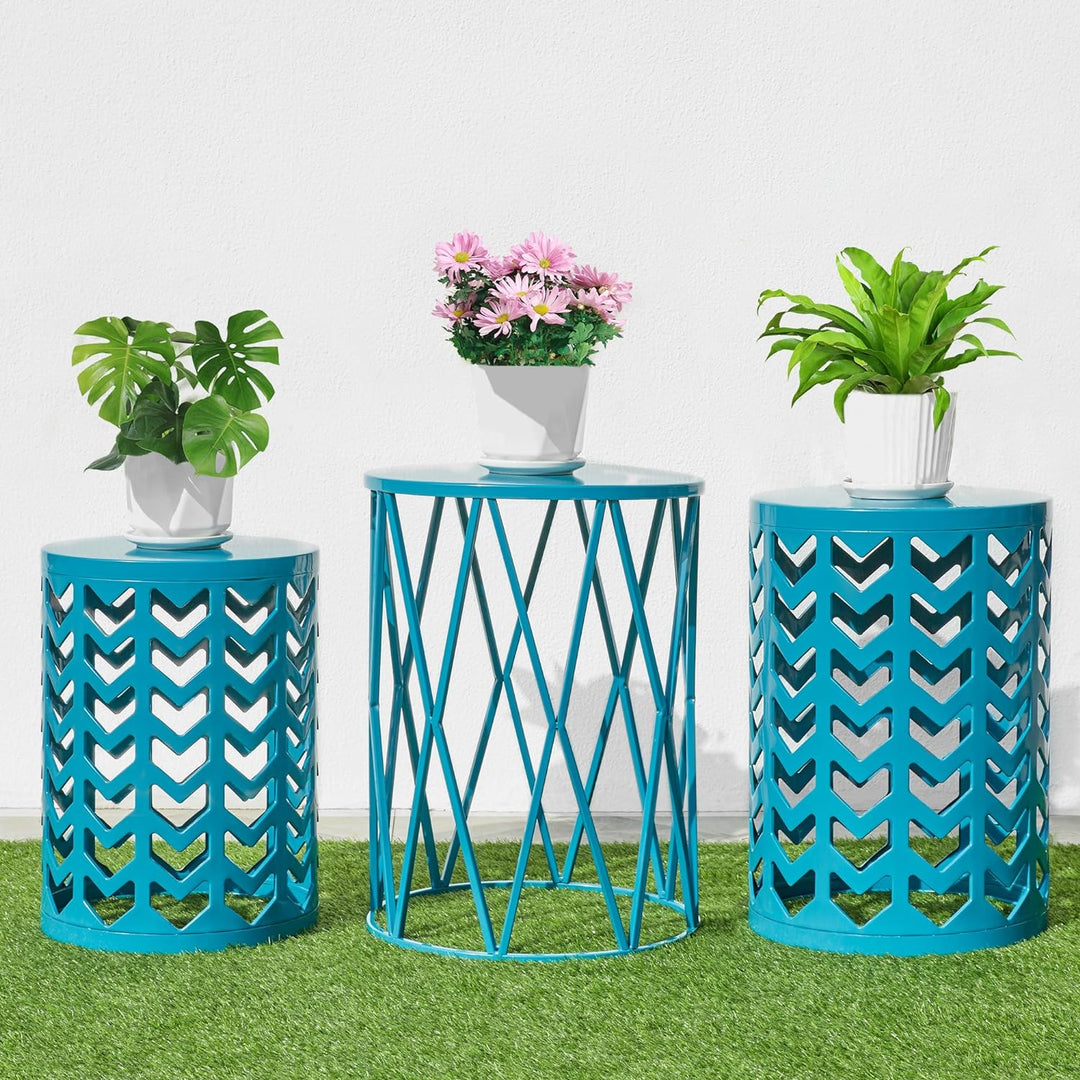 Nesting Side Table Set, Decorative Round Garden Stools, Modern End Table, Blue