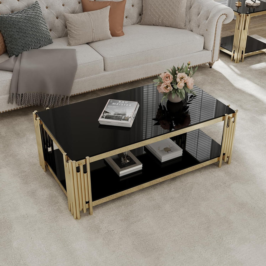 Elegant Gold Glass Coffee Table with Black Tempered Glass Top, Black3