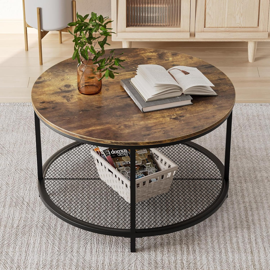 31.5" Round Coffee Table, 2-Tier Rustic Wood Living Room Table