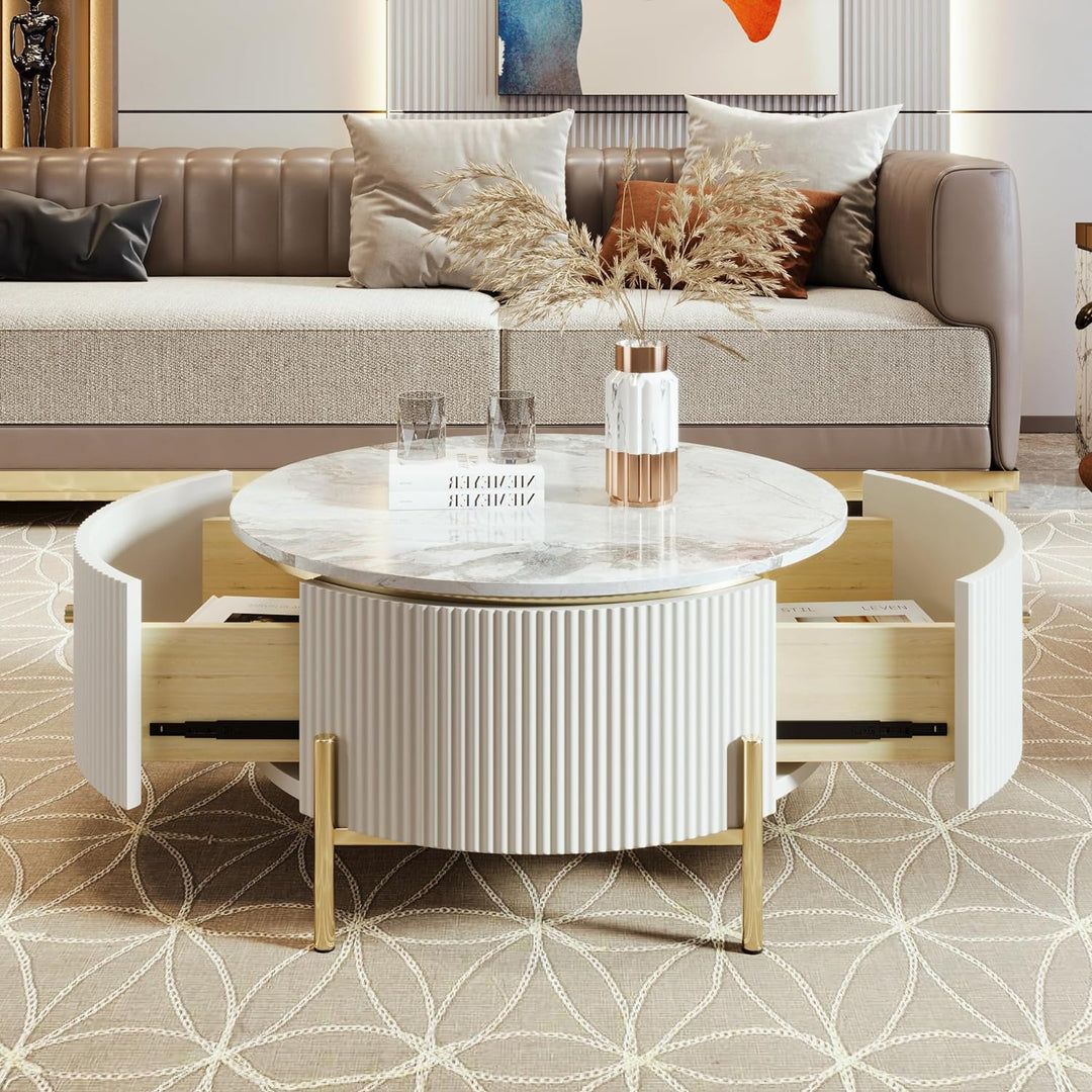 Modern Round Coffee Table with Drawers, Circular Center Table, Off White