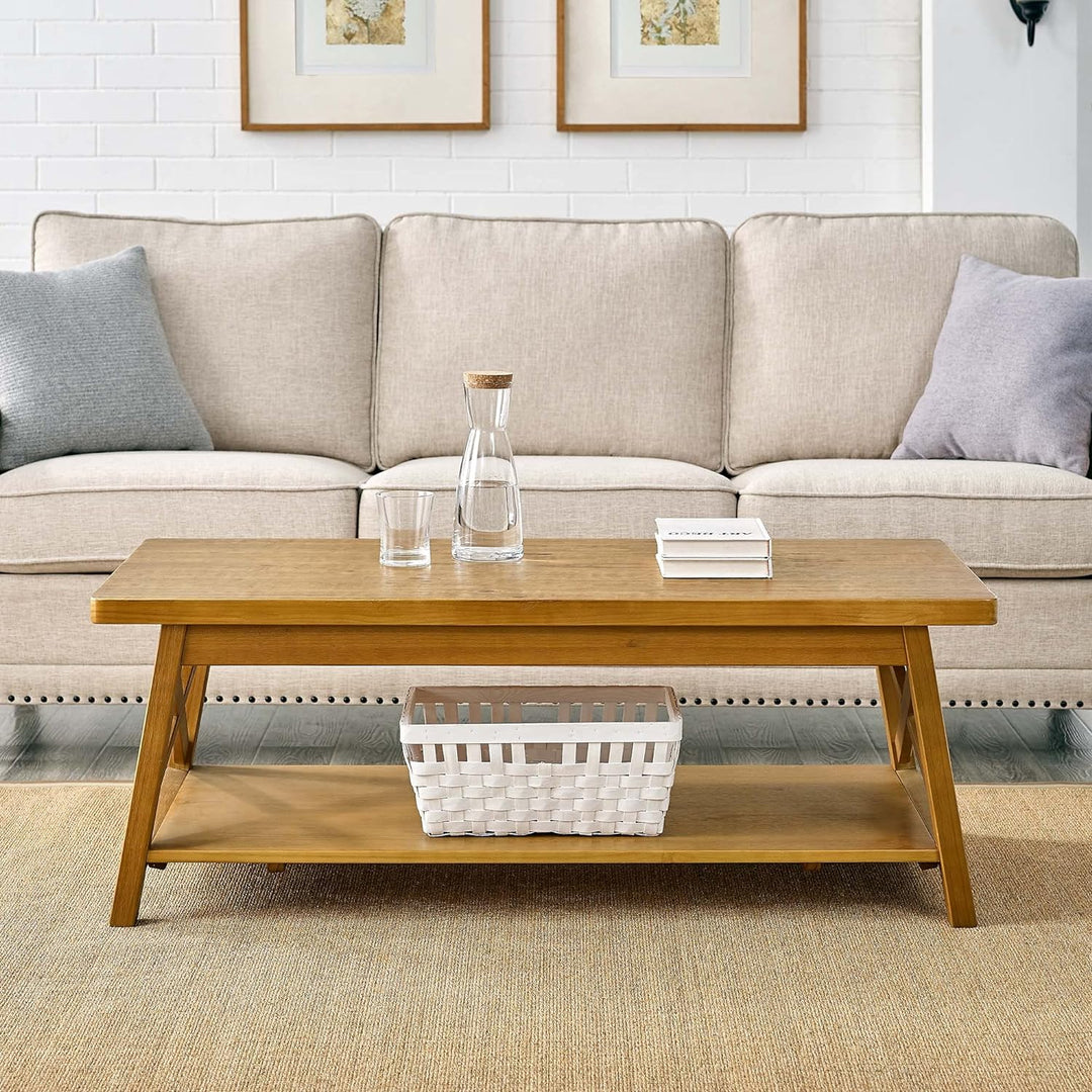 Modern Farmhouse Solid Wood Coffee Table with Storage Shelf, Rustic Oak