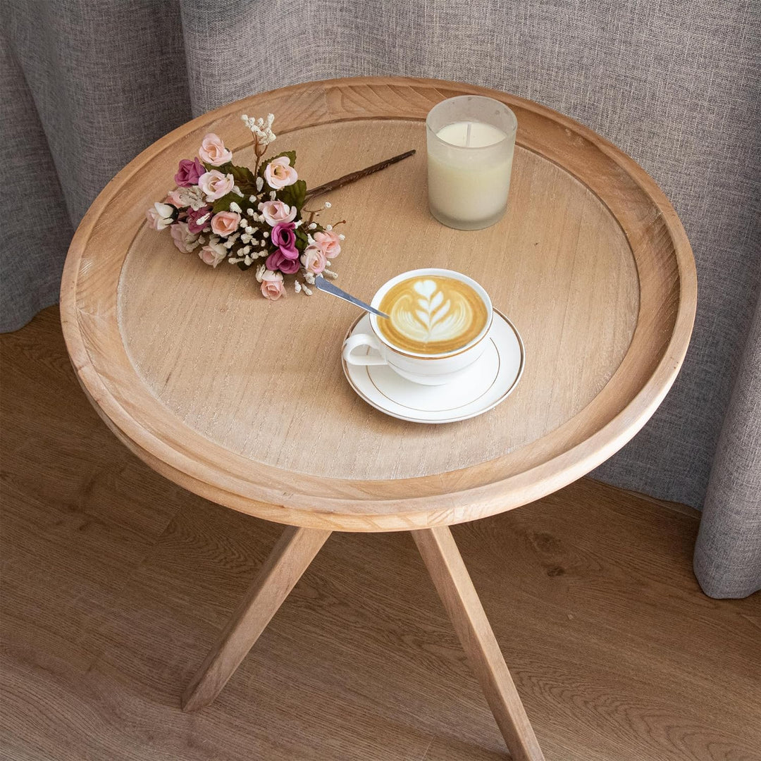 Farmhouse Side Table, Natural Wood Tray Top Sofa End Table