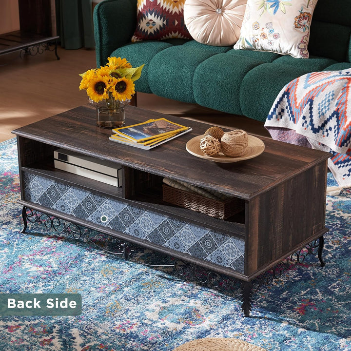 Rustic Bohemian Coffee Table with Sliding Drawers, Ornate Wrought Iron Decor, Dark Brown