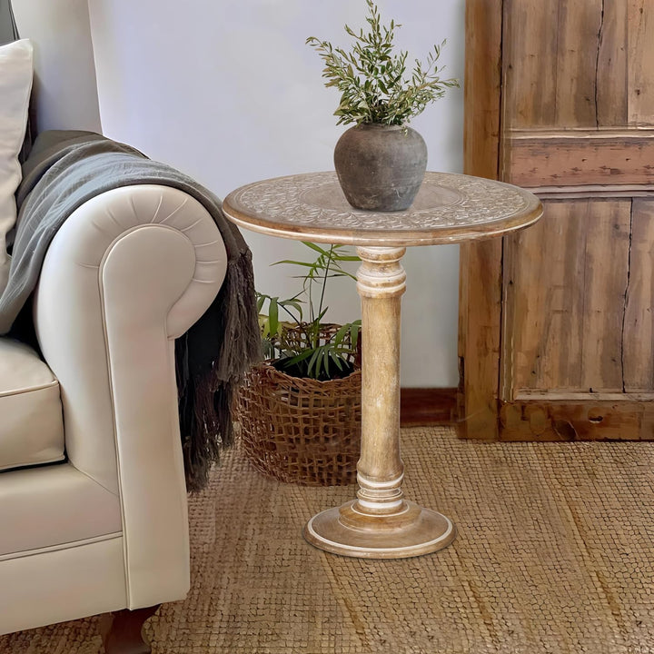 Wooden Pillar Round End Table, Modern Round Wooden Coffee Table