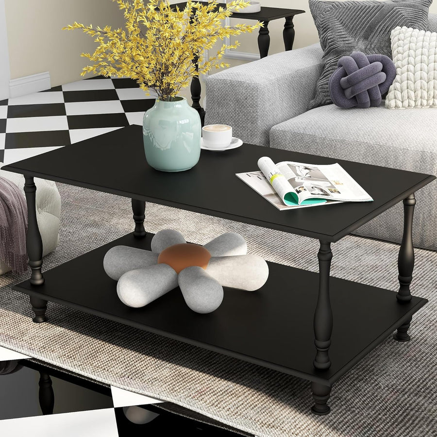 Vintage Boho Coffee Table with Storage, European Black Coffee Table