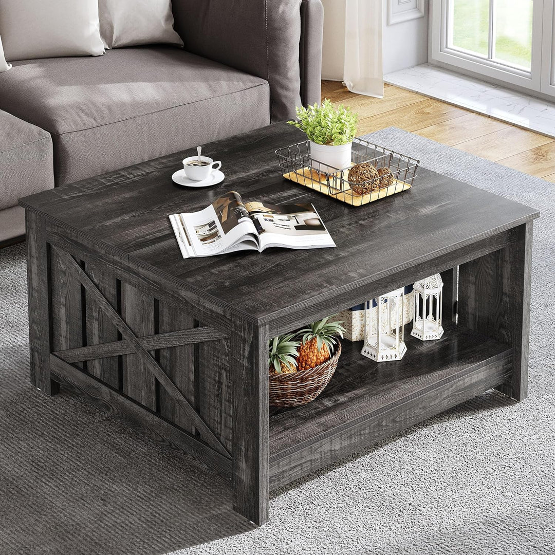 Rustic Farmhouse Coffee Table with Storage, Dark Oak