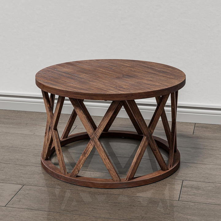 Rustic Farmhouse Round Coffee Table, Wood Textured Top, X-Motif Legs, Brown