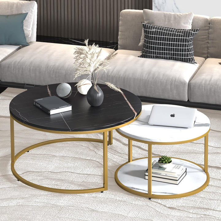 Elegant Modern Round Coffee Table Set, Black and White