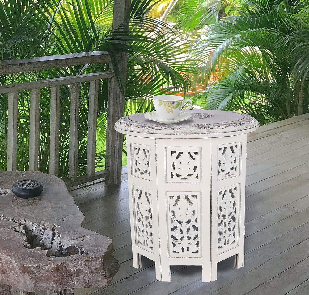 Round Side Table, Small Carved Wood Table 18" - White