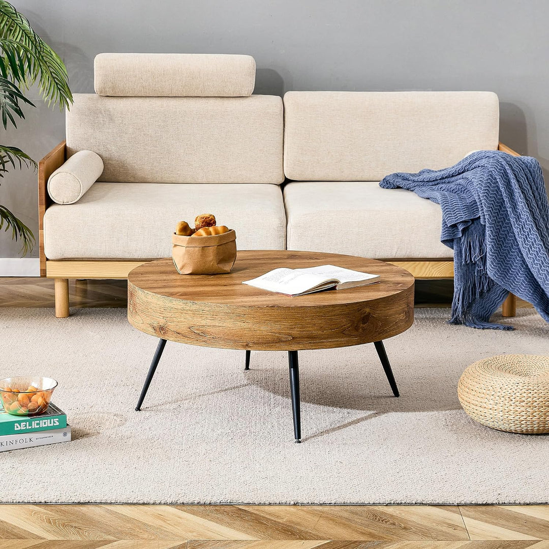 Stylish Modern Round Coffee Table, Walnut Wood and Black Metal