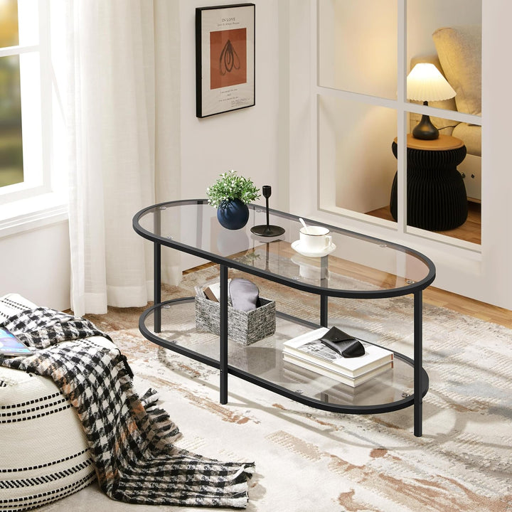 Elegant Glass Coffee Table, Black, Modern Minimal 2-Tier Center