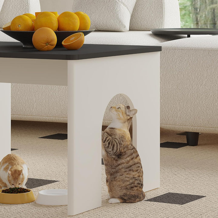 Farmhouse Coffee Table, Wooden Modern Cocktail Table with Cat House, White & Black