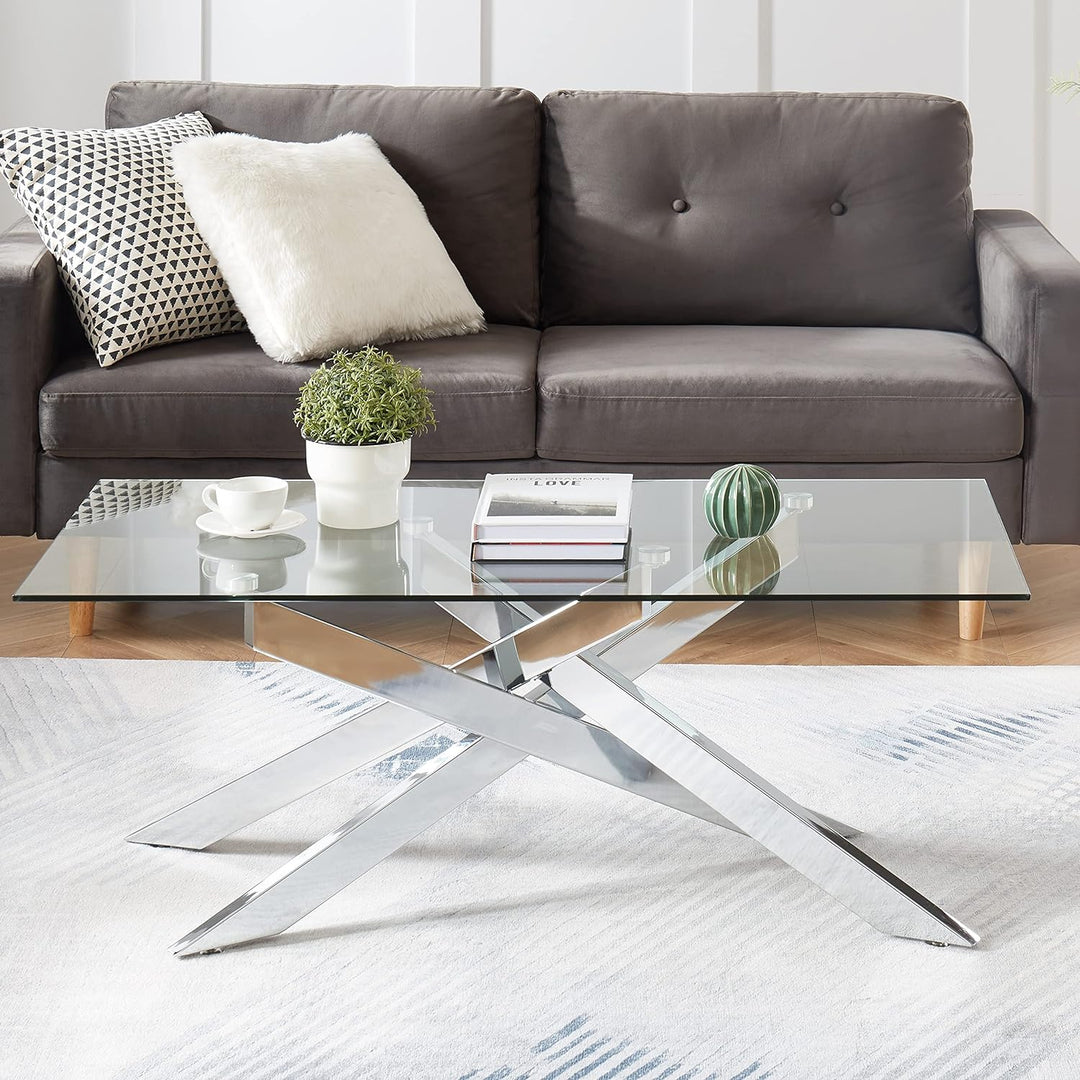 Modern Rectangular Coffee Table, Tempered Glass Top, Silver