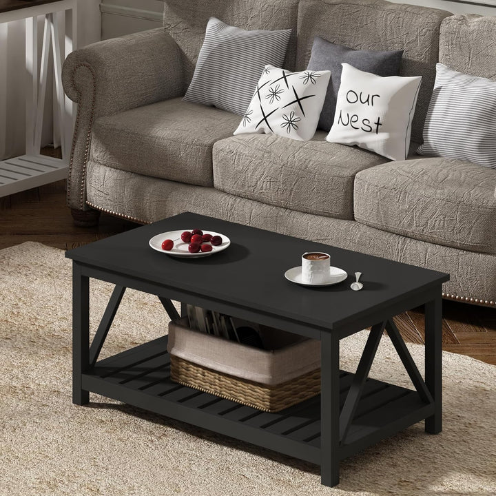 Rustic Vintage Coffee Table with Shelf, Pure Black