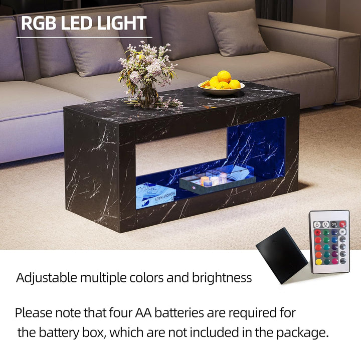 Modern Marble Print Coffee Table with Storage and Lighting, Black