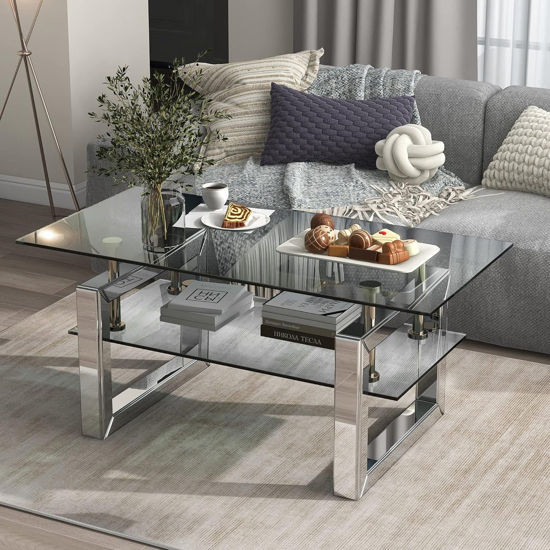 Glass Coffee Table, Modern Design with Lower Shelf, Mirrored Legs, Transparent