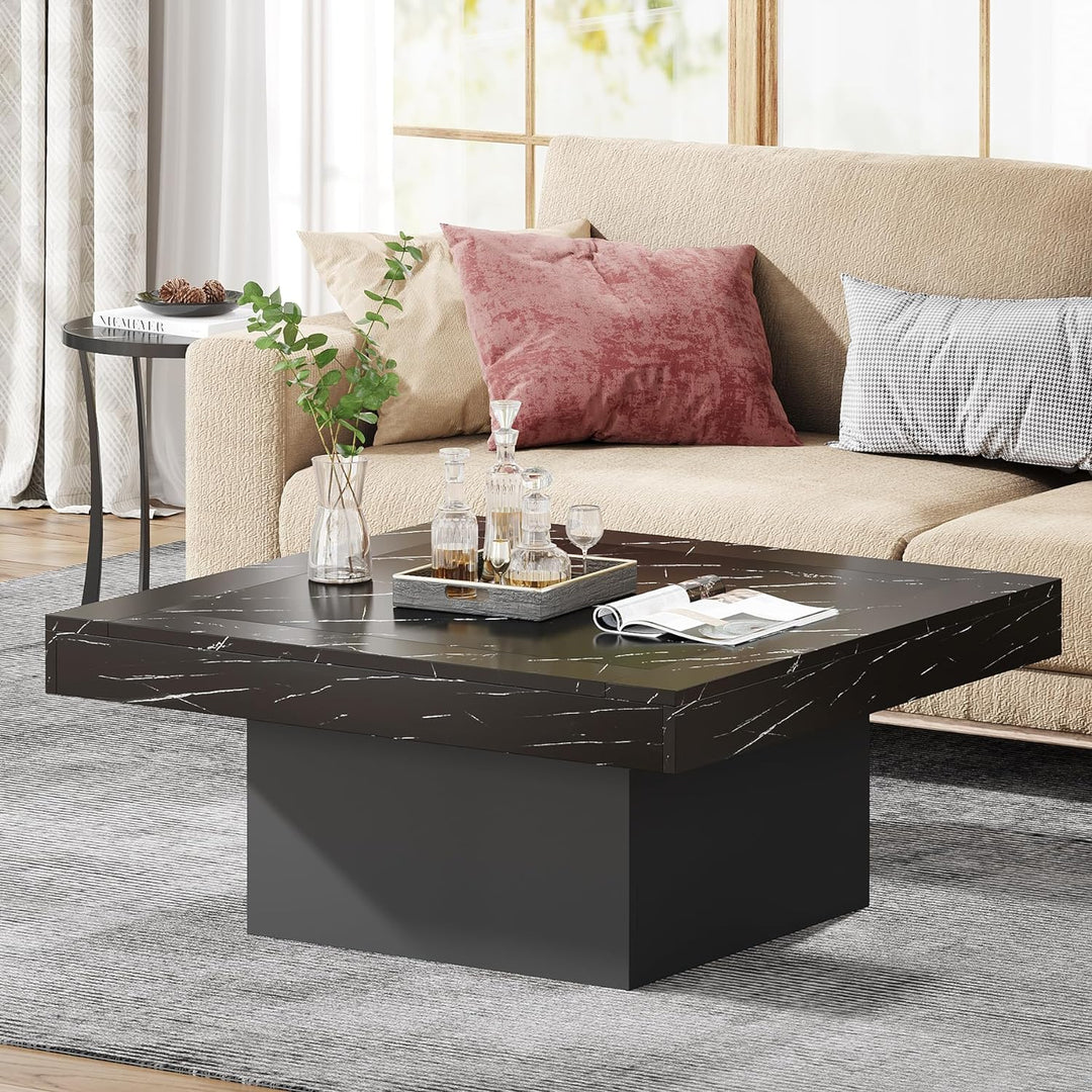 Stylish Square LED Coffee Table, Faux Marble Blackblack