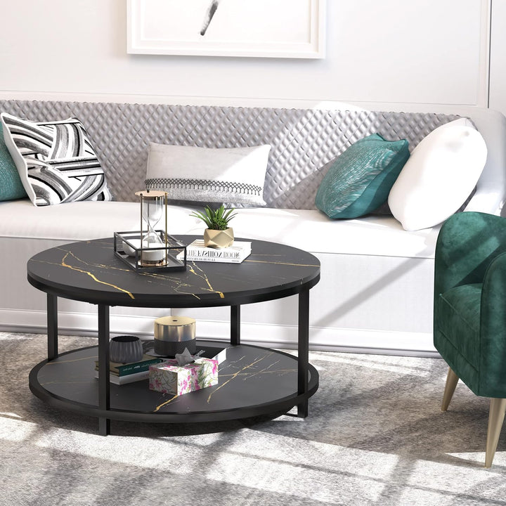 Faux Marble Top Round Coffee Table, Black