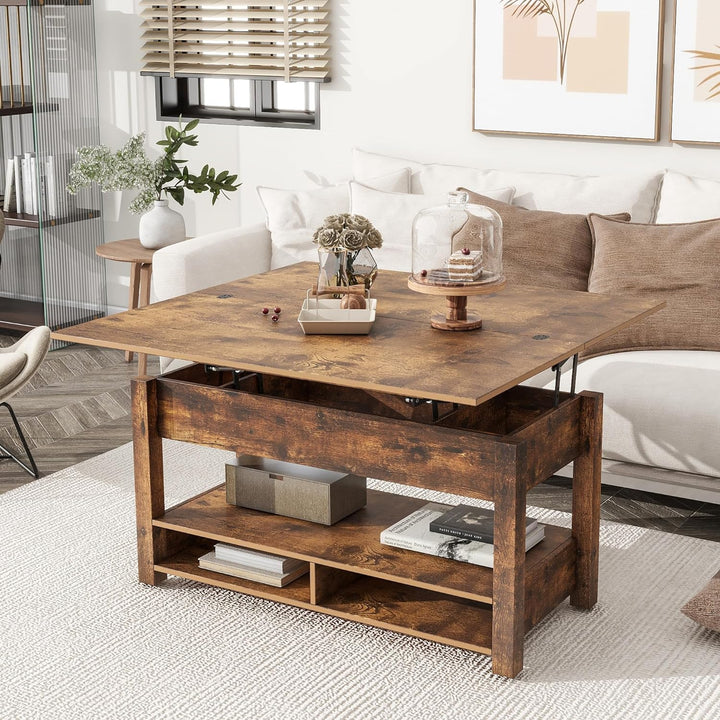 Merax Modern Lift Top Coffee Table, Convertible Dining, Rustic Brown