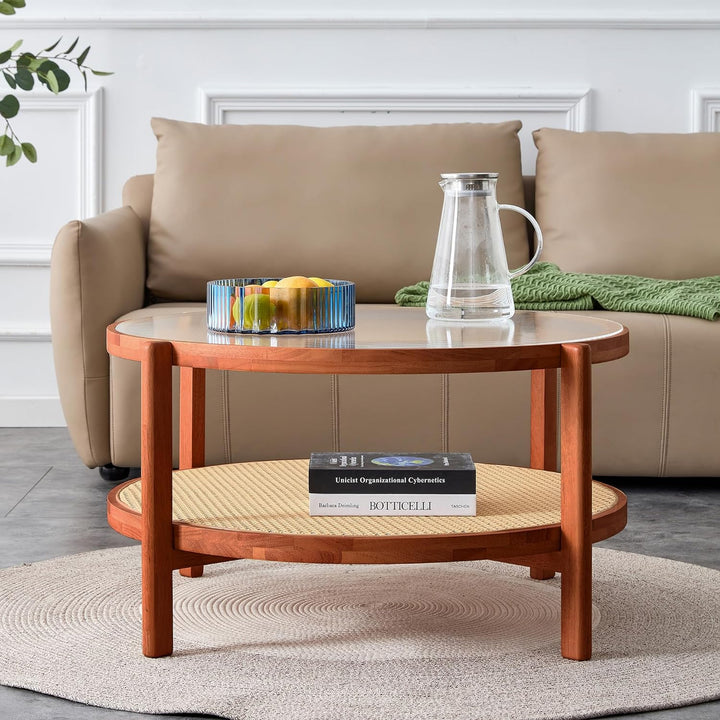 Modern Imitation Rattan Round Coffee Table, 2-Tier Solid Wood Glass Top, E-walnut