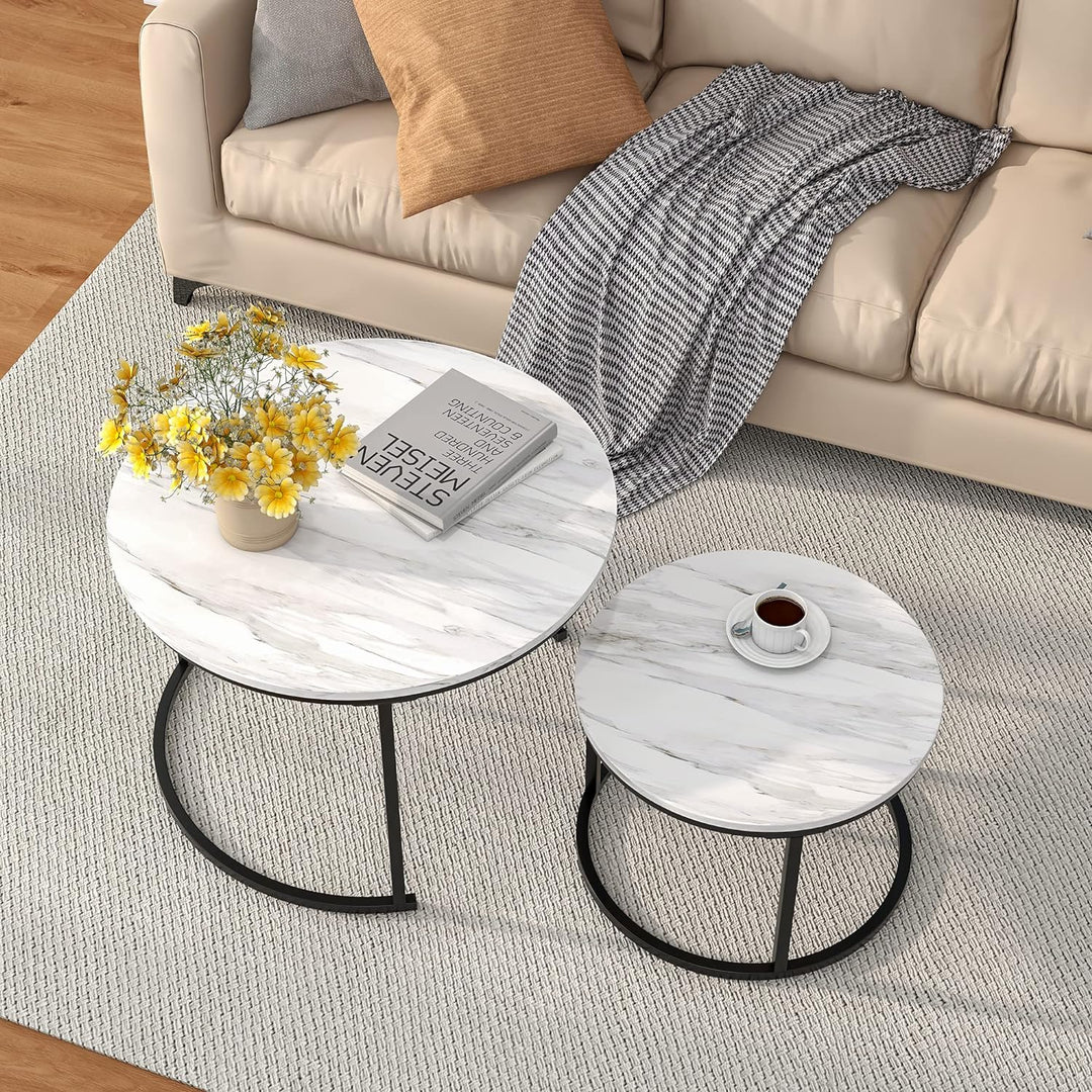 Nesting Round Coffee Table Set, Circular Marble Accent Tables, Black