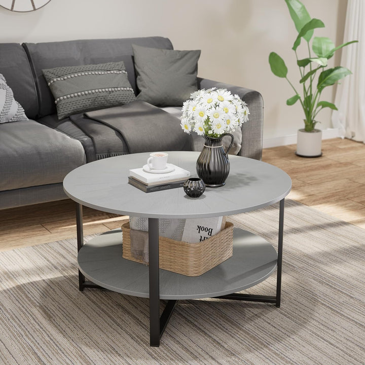 Elegant Round Wood Coffee Table, 2-Tier Open Shelf, Grey