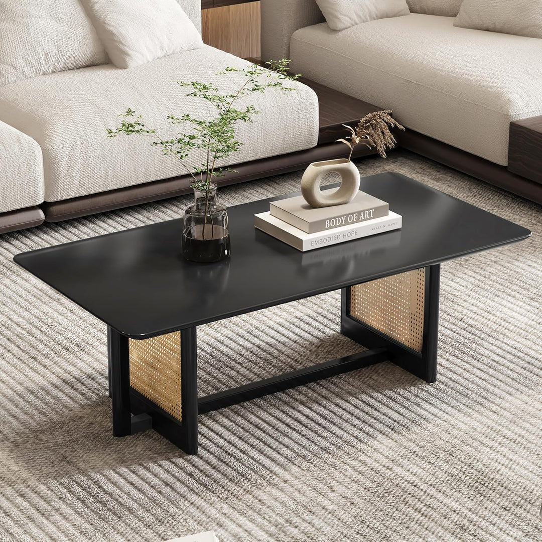 Mid-Century Modern Wood Coffee Table with PE Rattan, Black