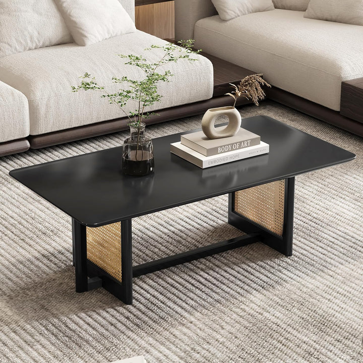 Mid-Century Modern Wood Coffee Table with PE Rattan, Black