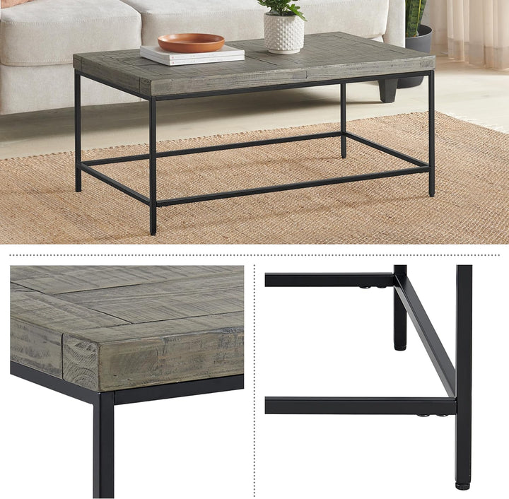 Lavish Home Industrial Modern Coffee Table, Wood Top, Metal Base, Gray