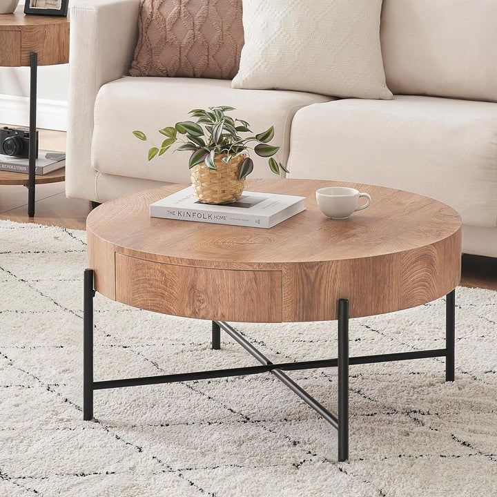 Rustic Round Coffee Table with Drawers, Farmhouse Wood Center Table, Natural