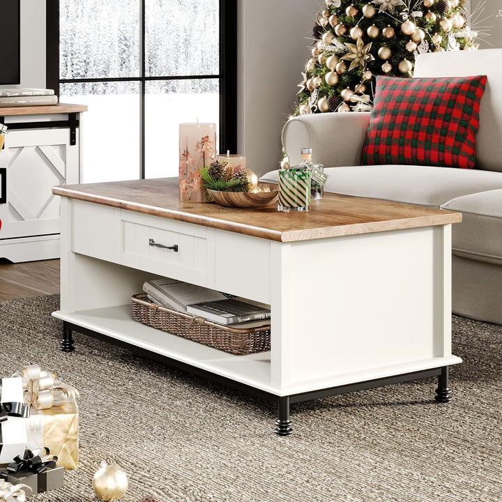 Modern Farmhouse Coffee Table, Large Rectangle Center Table, White/Oak