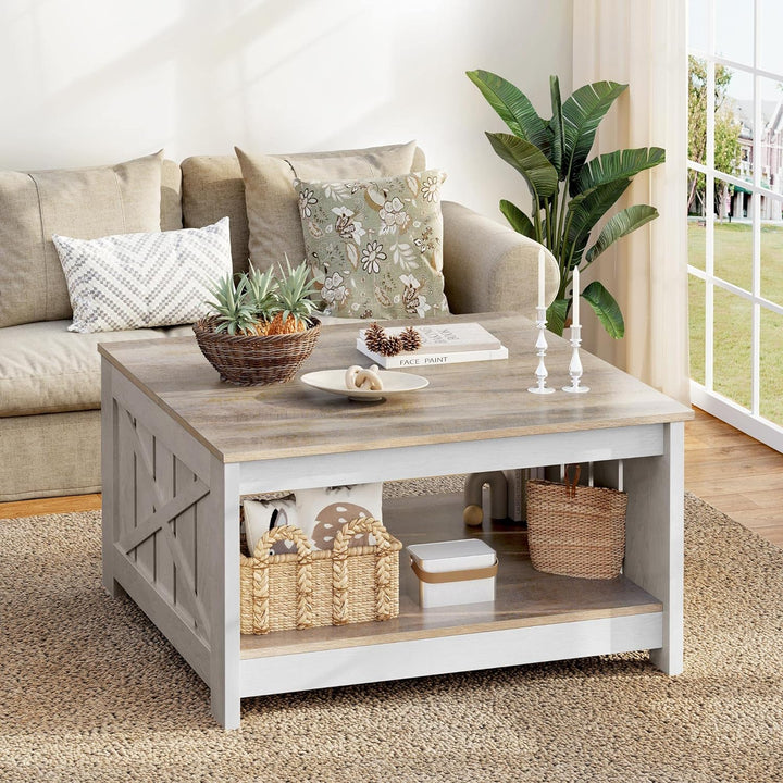 Farmhouse Coffee Table with Storage, 2-Tier Wood Center Table, Grey Wash