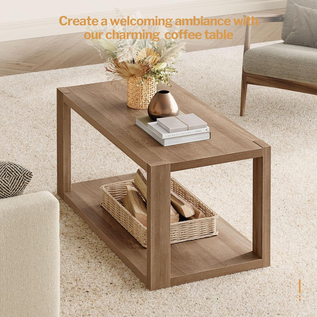 Farmhouse Wood Coffee Table w/ Storage Shelf, Boho Accent Table